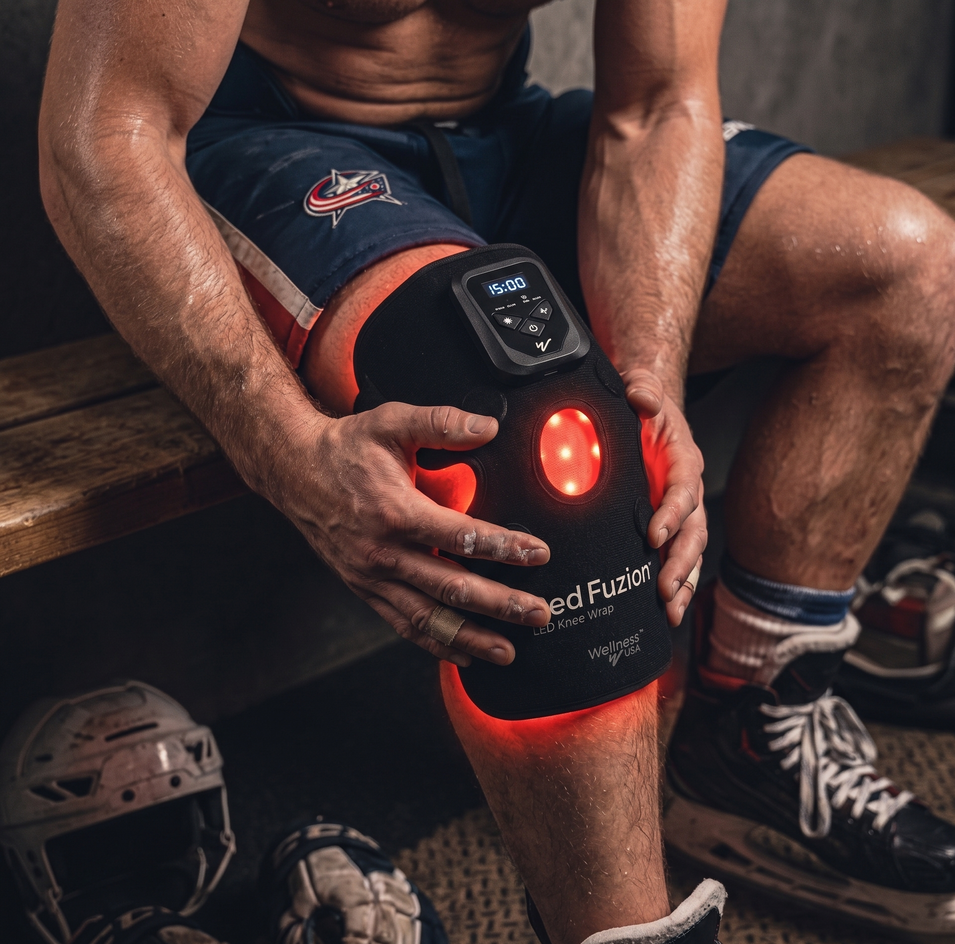 Hockey player using targeted infrared wrap on knee